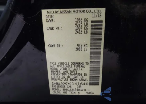 2019 Nissan Altima 2.5 Sr z USA, uszkodzony, nr VIN 1N4BL4CV7KC141640